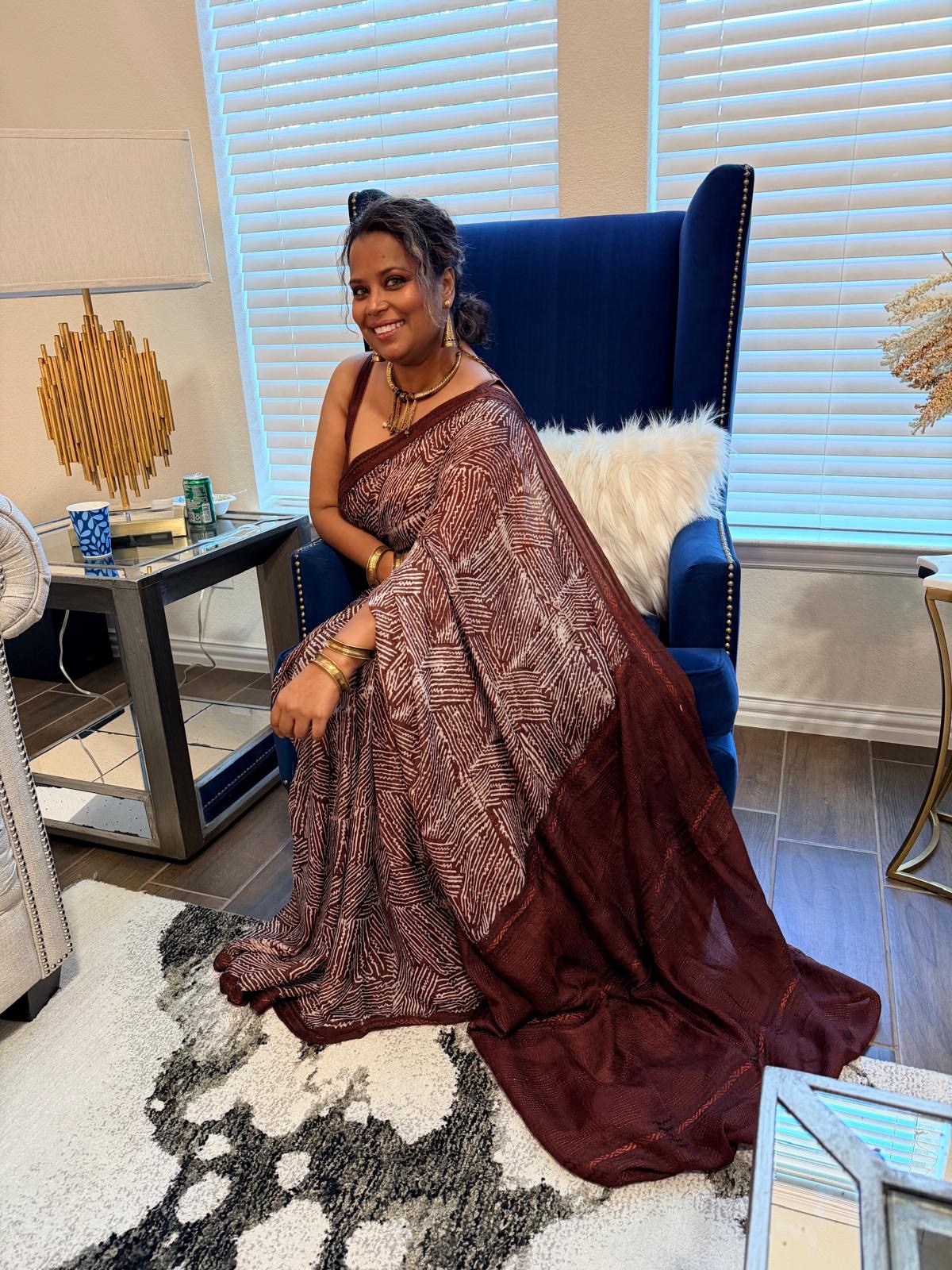 Burnt Terracotta Kantha Silk Saree - Image 5