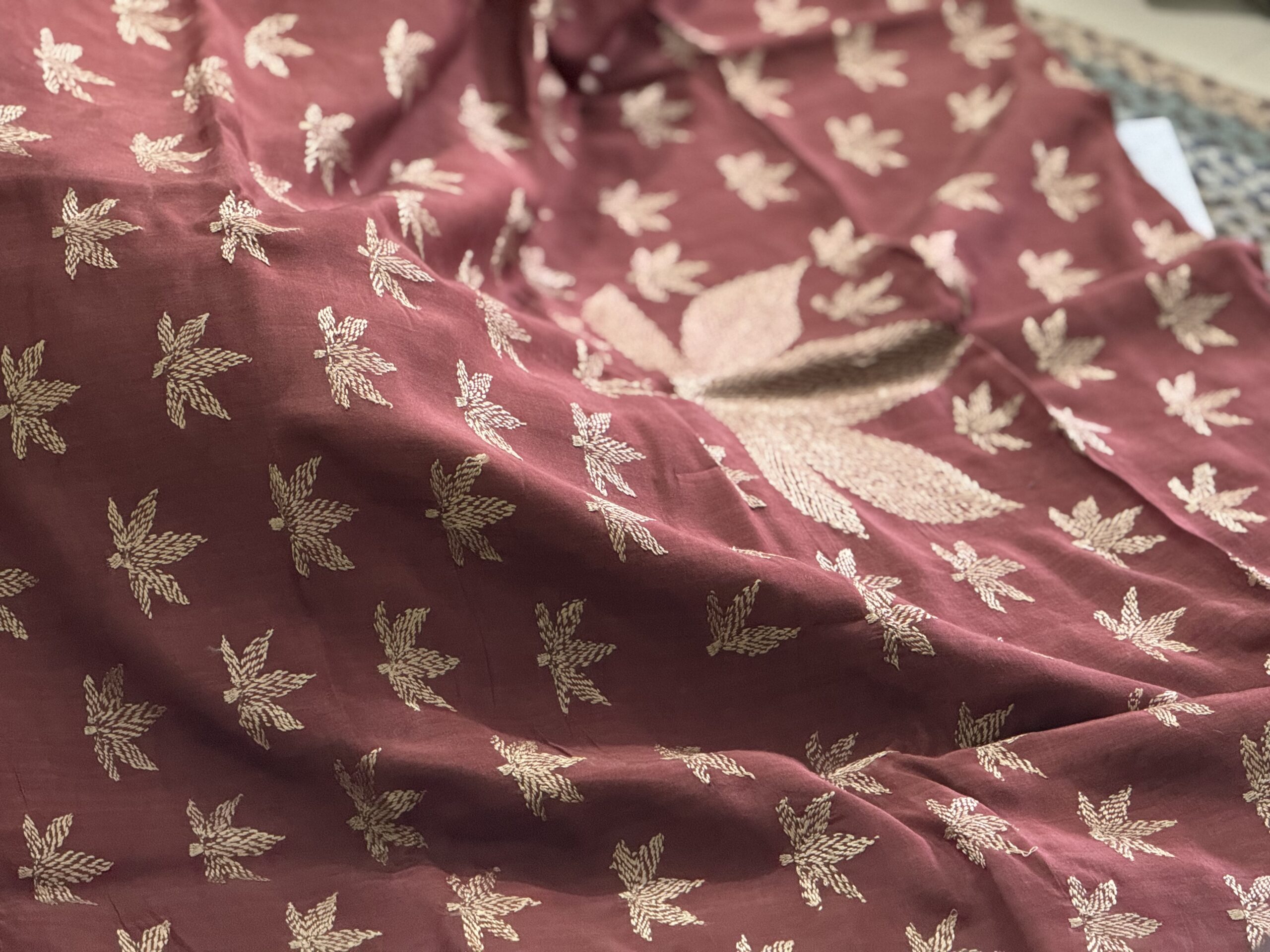 Beige Poddo Catechu Brown Heritage Kantha Saree - Image 6