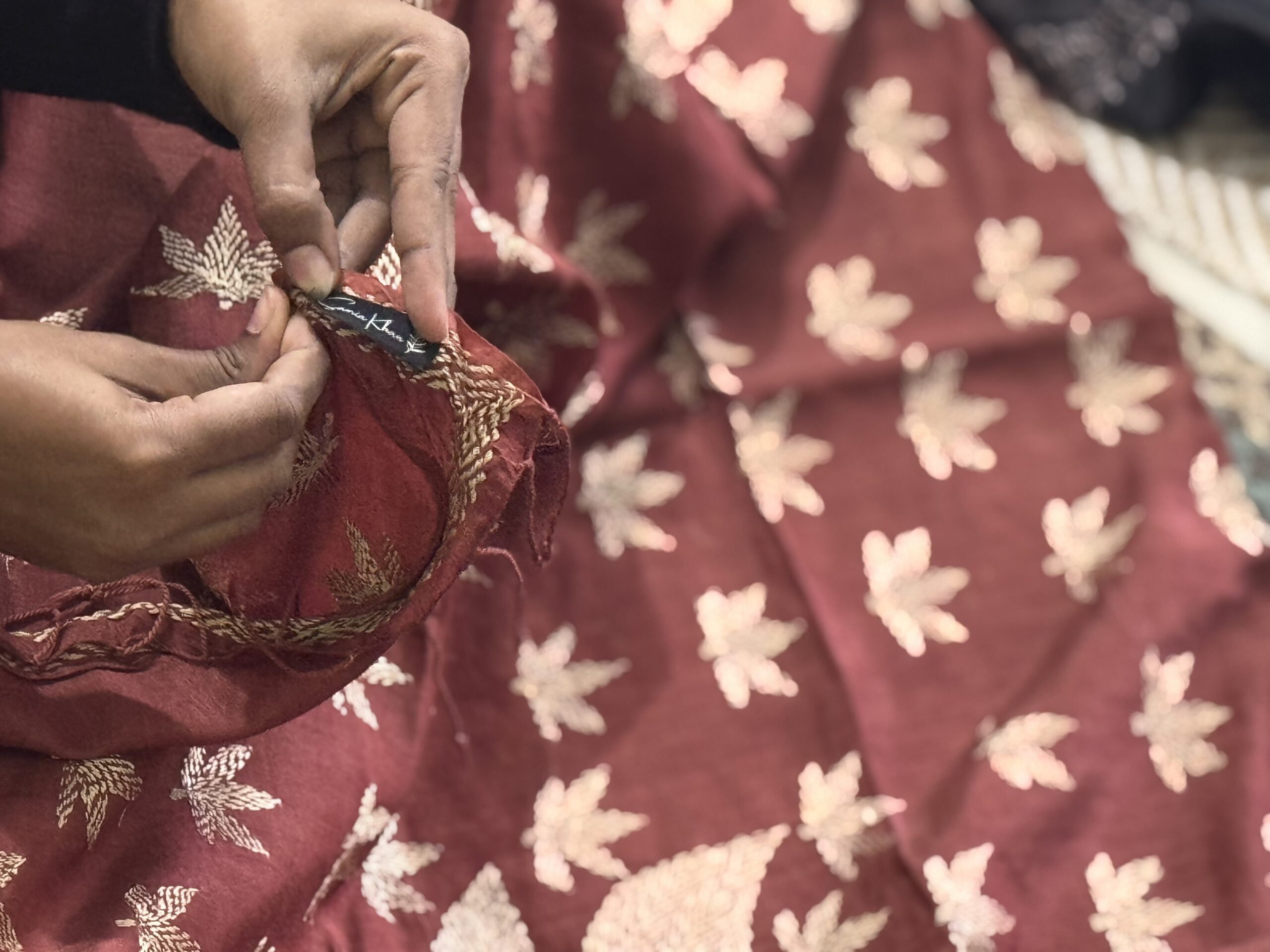 Beige Poddo Catechu Brown Heritage Kantha Saree - Image 10