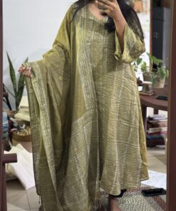 Alternative view of Kanak Prabha – Lime Gold Hand-Embroidered Silk Kurti Set