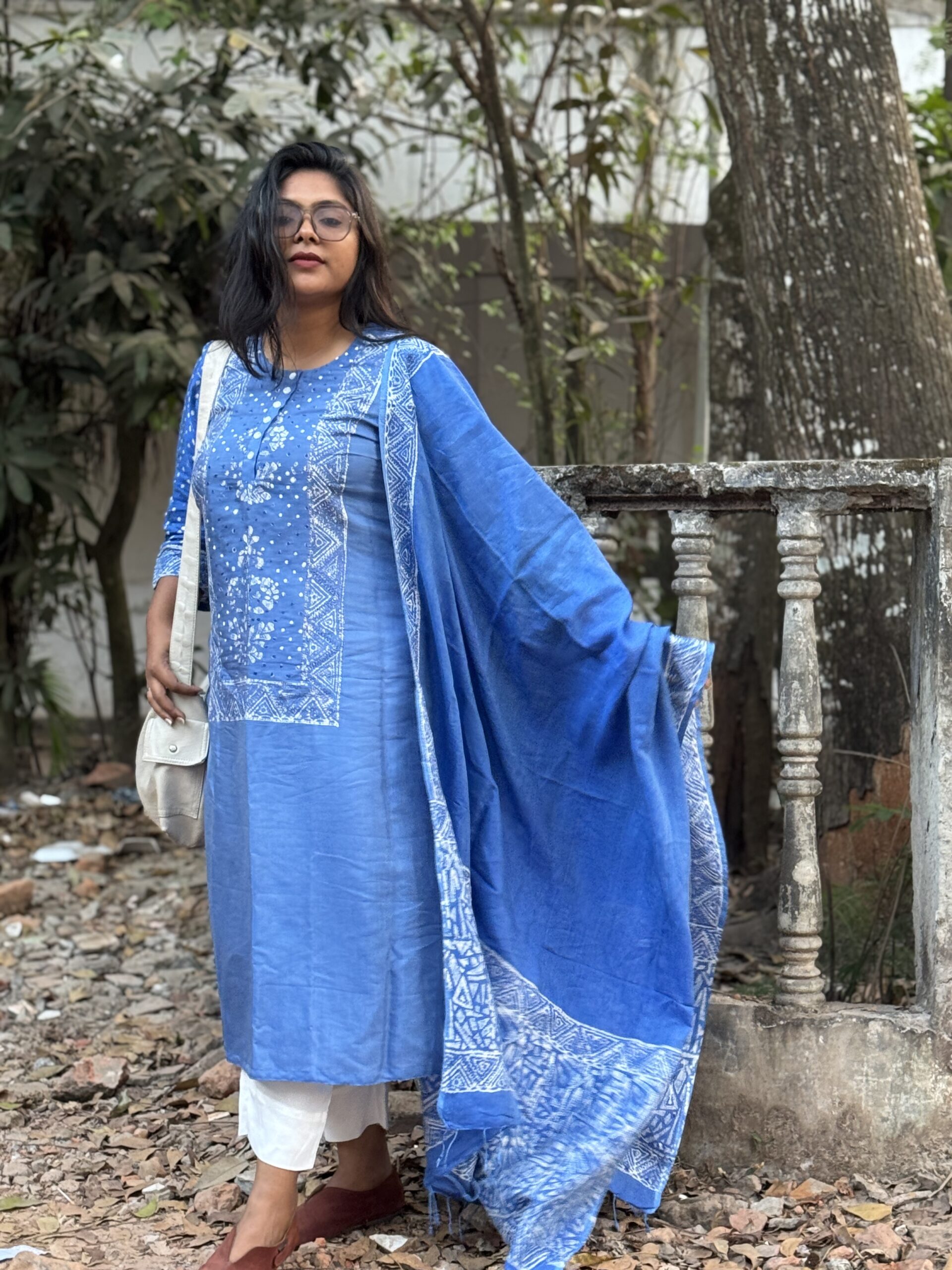Indigo Reverie Silk Kantha Kurti, Kamij & Orna Set - Image 3