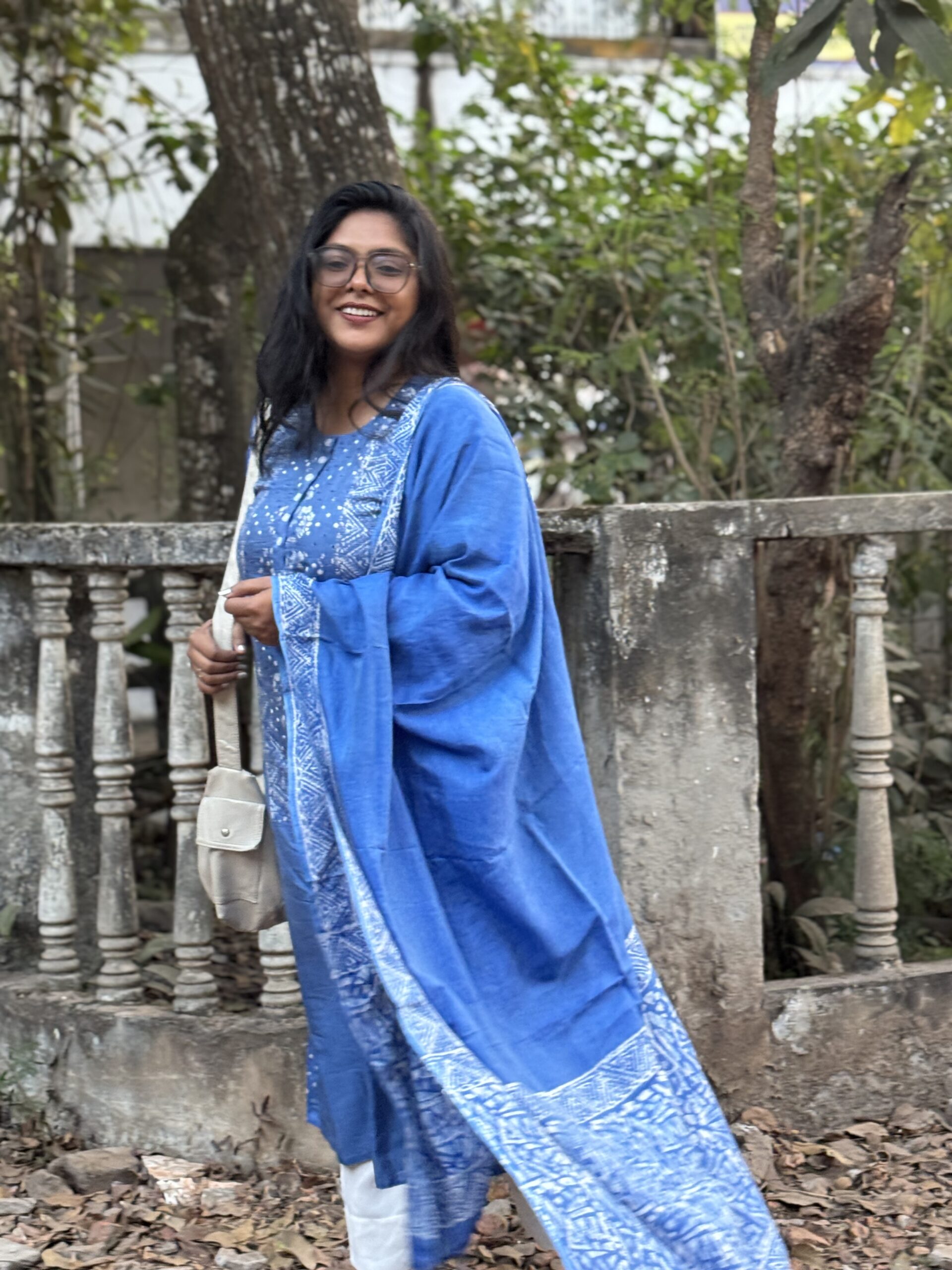 Indigo Reverie Silk Kantha Kurti, Kamij & Orna Set - Image 5