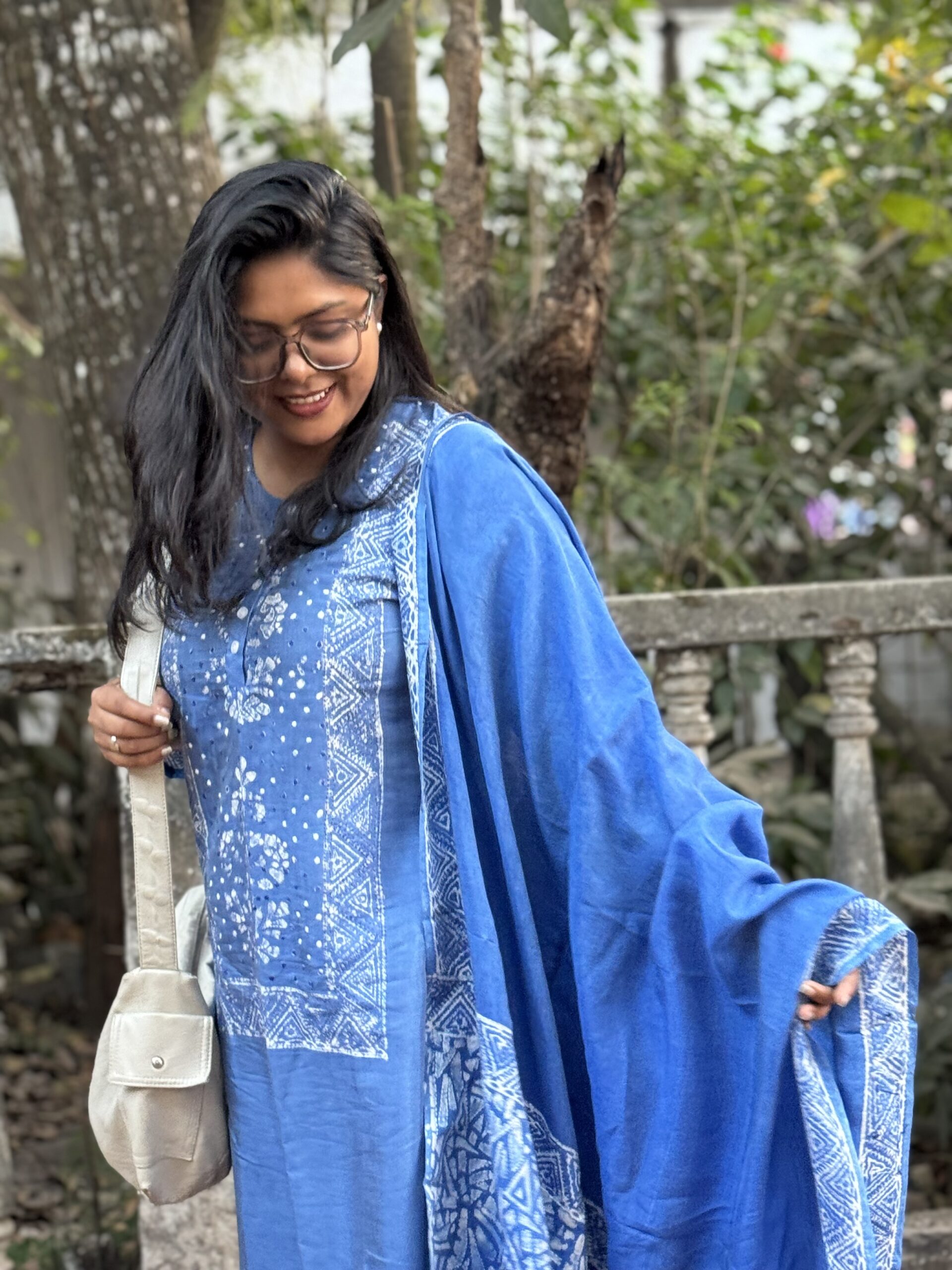 Indigo Reverie Silk Kantha Kurti, Kamij & Orna Set - Image 2