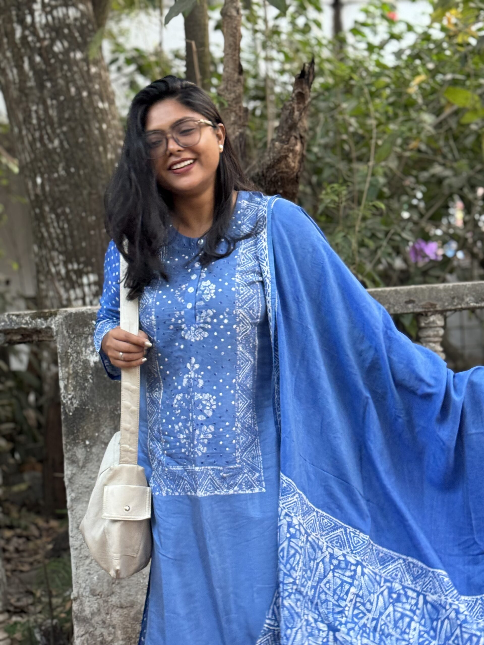 Indigo Reverie Silk Kantha Kurti, Kamij & Orna Set - Image 4