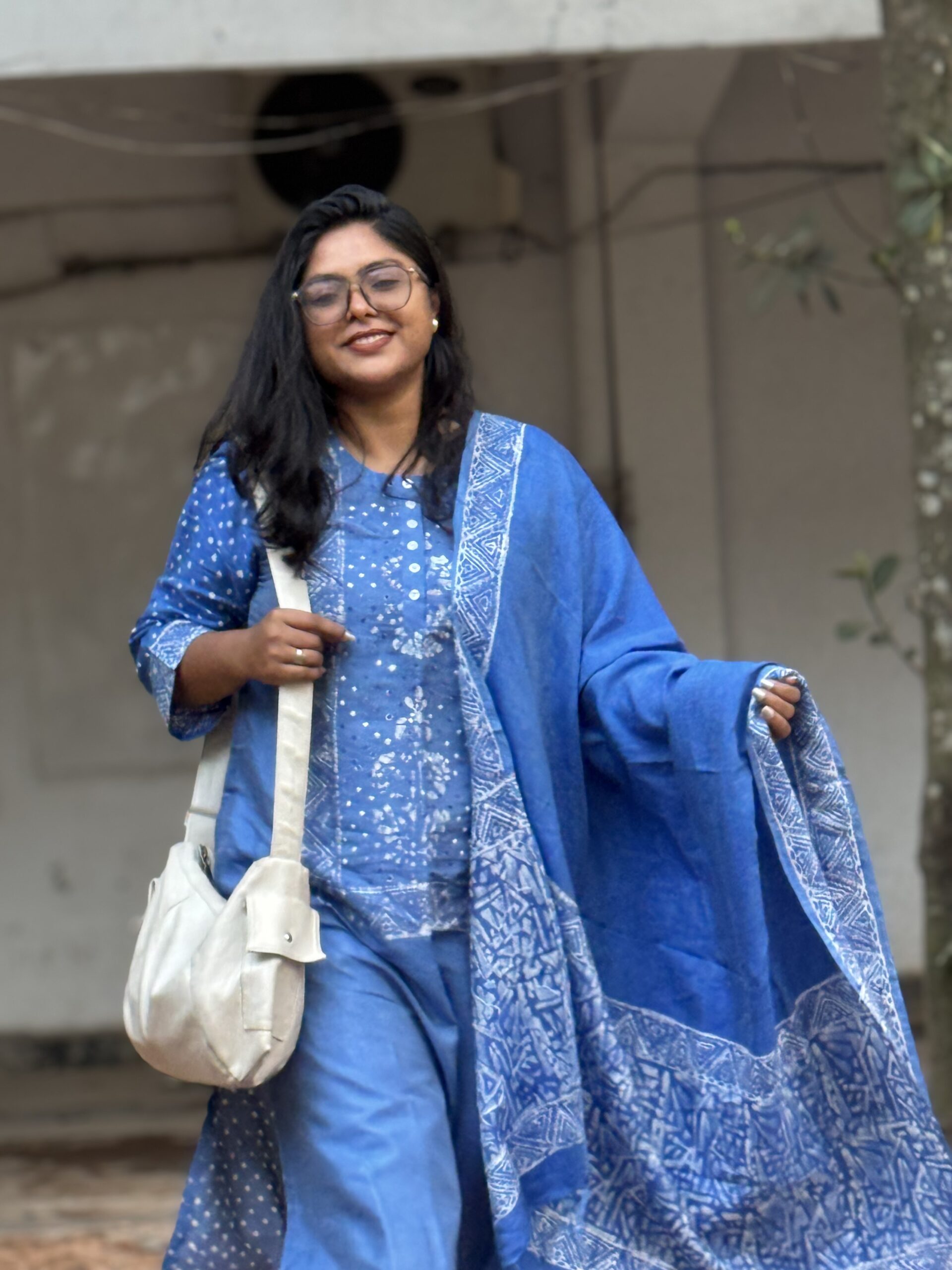 Indigo Reverie Silk Kantha Kurti, Kamij & Orna Set - Image 6