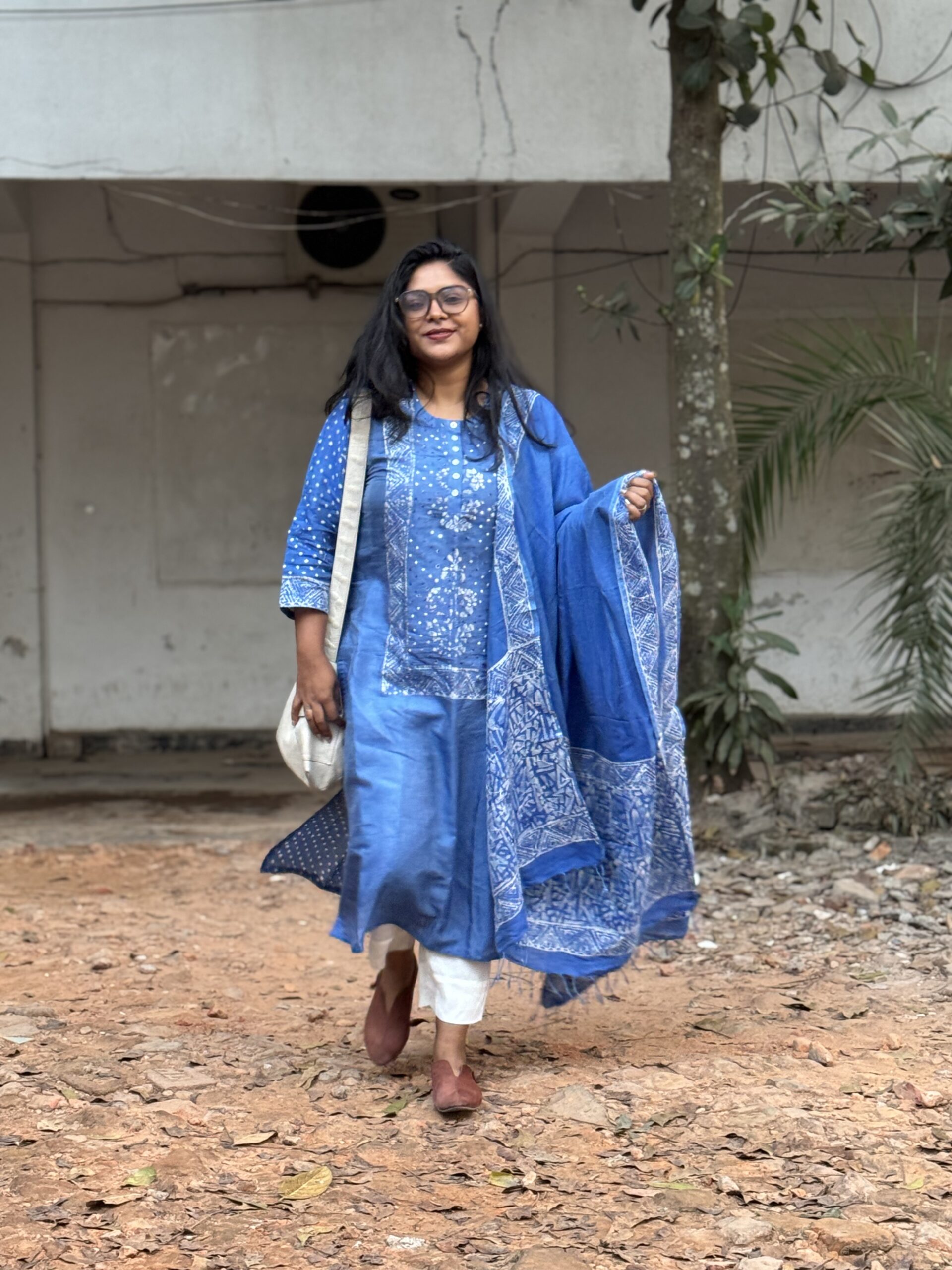 Indigo Reverie Silk Kantha Kurti, Kamij & Orna Set - Image 8