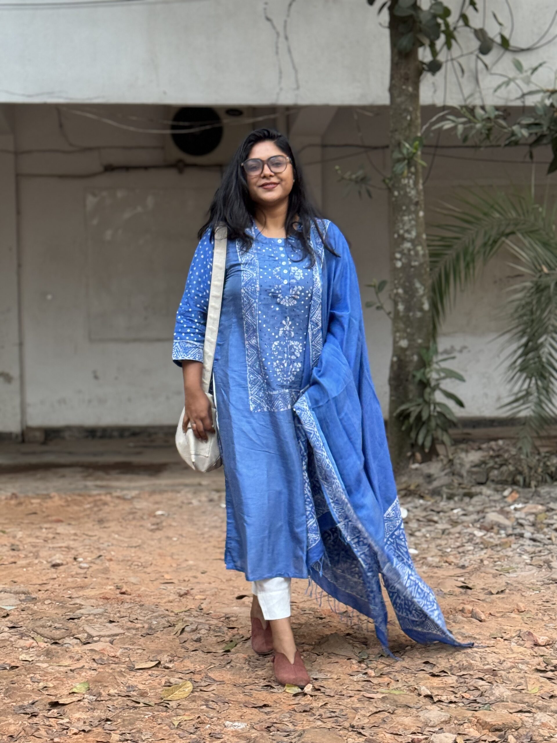 Indigo Reverie Silk Kantha Kurti, Kamij & Orna Set - Image 9