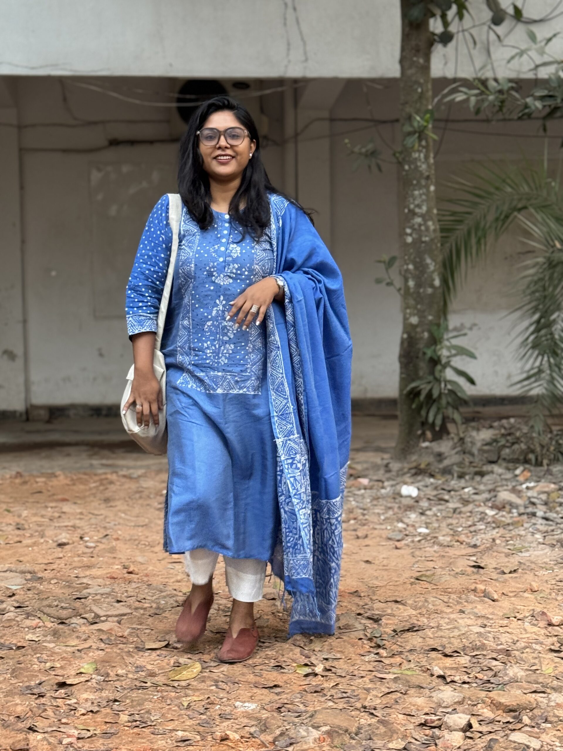 Indigo Reverie Silk Kantha Kurti, Kamij & Orna Set - Image 12