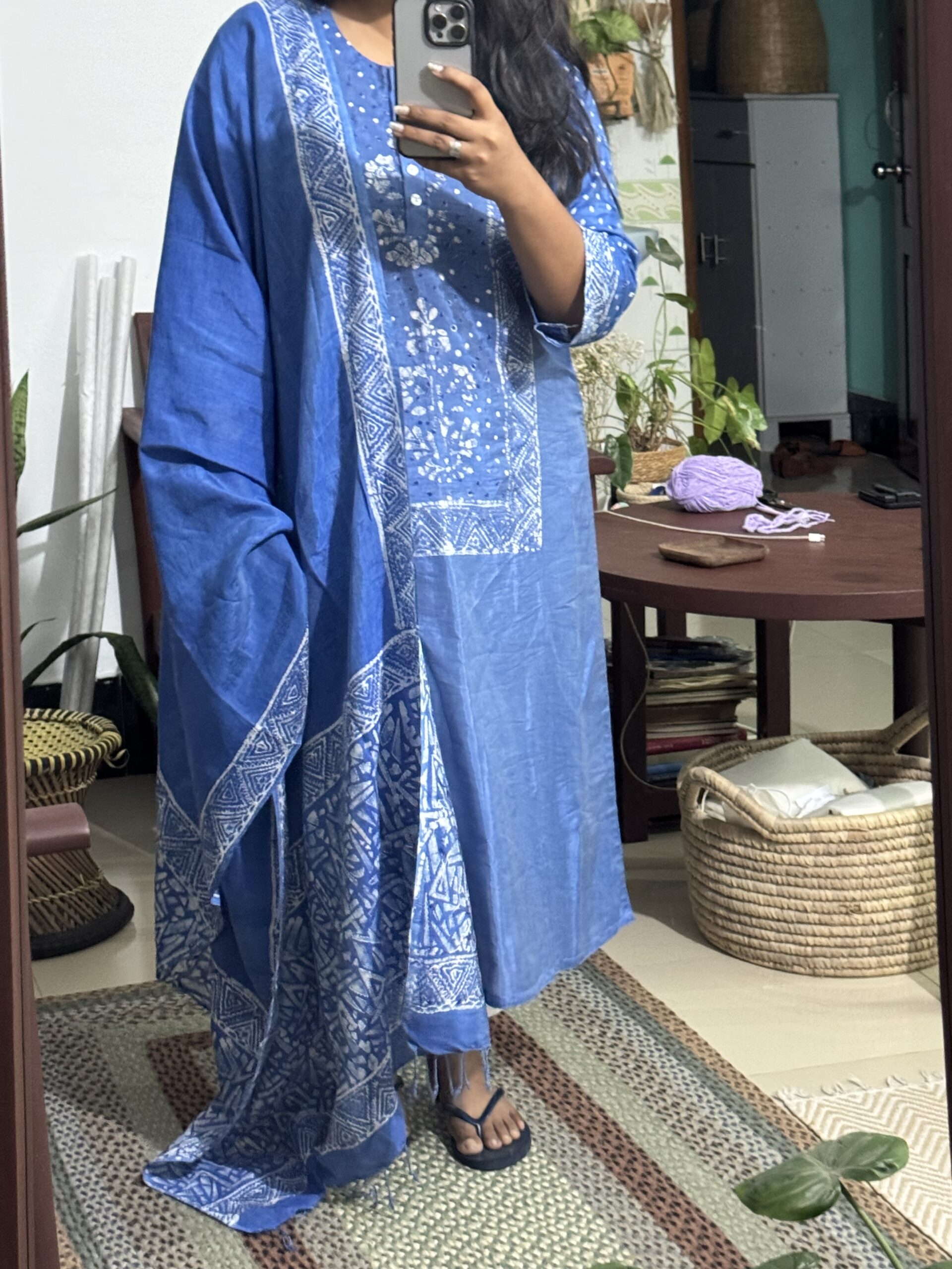 Indigo Reverie Silk Kantha Kurti, Kamij & Orna Set - Image 13